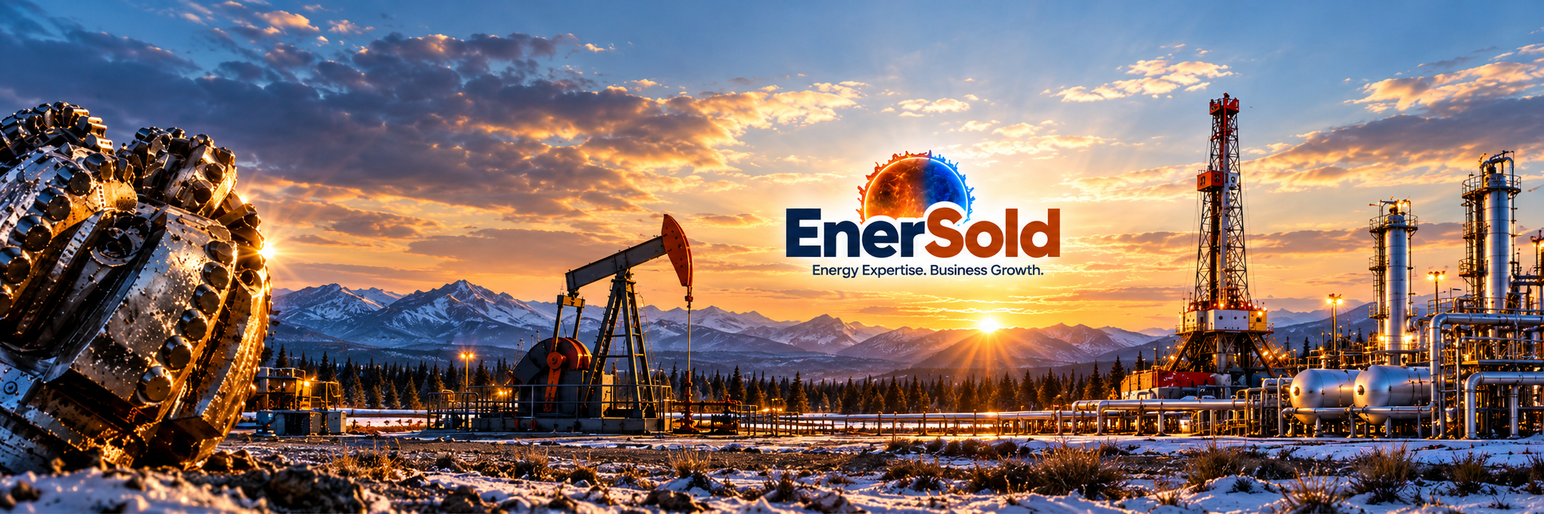 Oilfield operations at sunset with EnerSold branding
